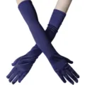 Nahaufnahme langer dunkelblauer Satinhandschuhe mit elegantem Glanz für Abendkleider. - Einheitsgröße / Über dem Ellbogen Lang (Mit Kartonverpackung) / Marineblau