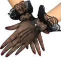 Gants courts en dentelle filet noire avec nœuds en strass pour mariage et spectacle. - Taille unique / Noir