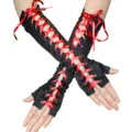 Schwarze Satin fingerlose Handschuhe rote Bänder Schnürung Punk Gothic Party Kostüm Zubehör - Einheitsgröße / Rotes Band