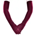 Detailansicht langer burgunderroter Samthandschuhe, weiche Vintage-Abendkleid-Accessoires für Damen. - Einheitsgröße / Burgunderrot