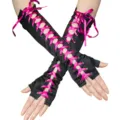 Schwarze Satin-Fingerlose-Handschuhe mit pinker Schleifen-Schnürung für Punk-Party Detailansicht. - Einheitsgröße / Rosenrotes Band