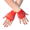 Red rhinestone fishnet fingerless gloves detail, punk style mesh party glove accessories. - One Size / Red