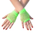 Detail view of neon green fishnet fingerless gloves with sparkly rhinestones for party wear. - One Size / Green