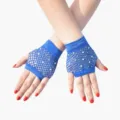 Blaue Strass Fischernetzhandschuhe ohne Finger für Party Punk Kostüm und Weihnachtsdeko - Einheitsgröße / Saphirblau