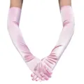 Detailansicht langer rosa Satinhandschuhe, glatte Seidentextur für Abendveranstaltungen, elegant. - Einheitsgröße / Rosa Papier-Kartenhalter