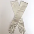 Silver long patent leather gloves, shiny metallic finish opera length performance gloves. - One Size / Silver