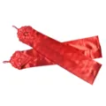 Rote Satin Langhandschuhe Detail mit zarter Perlen-Spitzenstickerei und Fingerschlaufe. - Einheitsgröße / Kartonverpackung / Rot