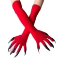 Lange rode Halloween heksen handschoenen met zwarte neppe klauwen voor feesten kostuum. - Eén maat / Rode handschoenen met zwarte nagels