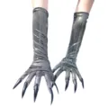 Detailed view of Halloween long sparkly mesh costume gloves with dramatic black fake claws. - One Size / Gloves with Black Nails and Silver Dots