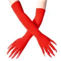 Close-up detail of red long Halloween costume gloves featuring dramatic sharp artificial nails. - One Size / Red Gloves with Red Nails