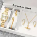 Ensemble de montre à quartz rectangulaire dorée et bijoux avec collier boucles d'oreilles. - Parure de Bijoux Montre Six Pièces / Sans Boîte Cadeau Emballage Indépendant / Style Or (08)