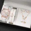 Set di orologio e gioielli con farfalla in oro rosa con cinturino bianco in confezione regalo - Stile 51 (Senza Scatola) / Orologio al Quarzo + Set di Gioielli