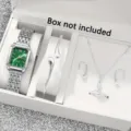 Elegant women quartz watch jewelry set with green square dial necklace ring earrings 6pcs - Six-Piece Watch Jewelry Set / Without Gift Box Independent Packaging / Silver Green Dial Style (04)