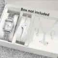 Silver tone women watch set with teardrop necklace earrings ring and bracelet detail view. - Six-Piece Watch Jewelry Set / Without Gift Box Independent Packaging / Silver Style (03)