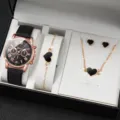 Vista dettagliata dell'elegante set regalo con orologio al quarzo in oro rosa e gioielli. - Stile 47 (Senza confezione regalo) / Orologio al Quarzo + Set di Gioielli