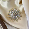 Exquisite rhinestone snowflake brooch detail, elegant luxury crystal lapel pin accessory for women coat - White