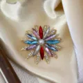 Colorful crystal flower brooch rhinestone pearl lapel pin suit coat accessory for women - Colorful