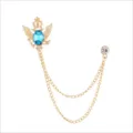 Spilla vintage dorata con aquila corona cristallo blu e doppia catena per abito donna - Strass blu lago dorato con catena