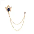 Vintage Krone Adler Schild Brosche Gold Doppelkette Blauer Strass Anzug Nadel Schmuck - Goldener dunkelblauer Edelstein mit Kette