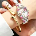 Bloemenprint quartz horloge met gouden armband, trendy snoepkleurig bloemendesign voor vrouwen. - Stijl 3 (Witte Bloemenband met Armband)