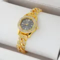 Orologio al quarzo da donna in strass dorato di lusso con cinturino a maglie elegante e quadrante. - Quadrante Nero (52103)