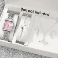 Luxury Women Watch Jewelry Set Fashion Quartz Watch Necklace Bracelet Ring Earrings - Six-Piece Watch Jewelry Set / Without Gift Box Independent Packaging / Pink Style (01)