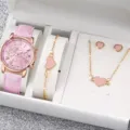 Orologio al quarzo in pelle rosa con bracciale collana orecchini a cuore set regalo donna - Stile 46 (Senza confezione regalo) / Orologio al Quarzo + Set di Gioielli