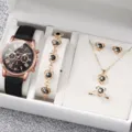 Set regalo orologio quarzo donna bracciale collana orecchini anello dettaglio - Stile 40 (Senza Scatola) / Orologio al Quarzo + Set di Gioielli 5 Pezzi / Oro Rosa (Cristallo Nero)