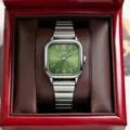 Close-up of minimalist square women's quartz watch with green dial and mesh steel strap. - 4 / Single Watch (Without Box) / Green