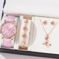Elegante set regalo orologio rosa con bracciale collana orecchini anello cofanetto - Stile 39 (Senza confezione regalo) / Orologio al Quarzo + Set di Gioielli