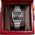 Closeup view of women's square quartz watch featuring dark grey dial and metal mesh strap. - 1 / Single Watch (Without Box) / Dark Gray