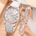 Elegante orologio al quarzo in oro rosa con cinturino in pelle bianca e set di bracciali. - Stile Pelle Bianca Strass (36) / Set da 2 Pezzi (Senza Scatola)