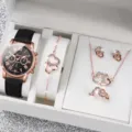 Elegante set di orologio e gioielli a doppio cuore in oro rosa con collana, bracciale e orecchini. - Stile Doppio Cuore Strass (32) / Set Senza Scatola Regalo