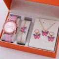 Orologio quarzo cinturino pelle rosa con collana bracciale orecchini farfalla set regalo - Stile Farfalla Sfumata Rosa e Blu (30) / Set Senza Scatola Regalo