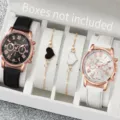 Set orologio di lusso da donna e bracciale con cuore, cinturino in pelle dettaglio. - Stile Numeri Romani Bicolore Nero e Bianco (22) / Set da 4 Pezzi (Senza Scatola)