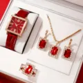 Orologio quadrato rosso e set di gioielli con rubino collana orecchini anello regalo - Stile 1 (Senza Scatola Regalo) / Orologio al Quarzo + Set di Gioielli