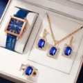 Set di gioielli orologio quadrato blu collana orecchini anello con elegante scatola regalo - Stile 2 (Senza Scatola Regalo) / Orologio al Quarzo + Set di Gioielli