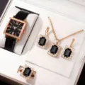 Elegante orologio al quarzo quadrato e set di gioielli in cristallo nero con collana e orecchini. - A5-Set Numeri Romani Nero (Senza Scatola)