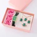 Set regalo elegante con orologio verde rettangolare e gioielli in cristallo con rose di sapone. - Stile 7 (Senza Scatola Regalo) / Set Orologio Gioielli Fiore di Sapone