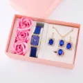 Set confezione regalo con orologio rettangolare blu e gioielli in strass blu. - Stile 8 (Senza Scatola Regalo) / Set Orologio Gioielli Fiore di Sapone