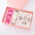 Elegante set regalo con orologio quadrato e gioielli in pietra con rose di sapone. - Stile 9 (Senza Scatola Regalo) / Set Orologio Gioielli Fiore di Sapone