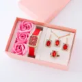 Set regalo con orologio al quarzo rettangolare rosso collana orecchini anello variante - Stile 10 (Senza Scatola Regalo) / Set Orologio Gioielli Fiore di Sapone