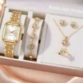 Montre bracelet femme couleur or et ensemble bijoux cœur cristal collier bague - Style Bijoux Rose Rectangulaire (1112) / Ensemble de 5 Pièces (Sans Boîte)