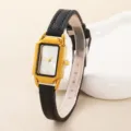 Vintage Damen Quarzuhr mit rechteckigem goldem Gehäuse und schwarzem Lederarmband chic. - Goldgehäuse Schwarzes Geprägtes Armband
