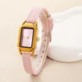 Vintage rechteckige kleine Damen-Uhr mit rosa Lederarmband und Goldgehaeuse Detailansicht. - Goldgehäuse Rosa Armband / Rosa