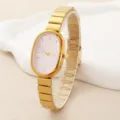 Elegant oval women's quartz watch with pink dial and gold tone metal strap detail view. - Light Pink Dial Style (251218)