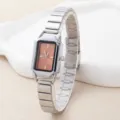 Elegante orologio da polso da donna in acciaio inossidabile con quadrante rettangolare chic. - Cinturino in Metallo Argento / Quadrante Arancio Marrone