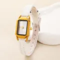 Minimalistische rechteckige Damenarmbanduhr mit weißem Lederarmband und Goldgehäuse Detail - Goldgehäuse Weißes Armband / Weiß