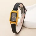 Damen Vintage kleine rechteckige Armbanduhr mit schwarzem Lederarmband und Goldgehäuse. - Goldenes Gehäuse Schwarzes Armband / Schwarz