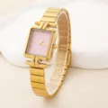 Elegante goldene Damen-Viereckuhr mit rosa Zifferblatt und feinem Bambusgliederarmband. - Gold Rosa Zifferblatt-Stil (hh637) / Gold